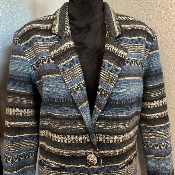 Vintage Sarah Morgan Blazer Jacket Womens M Blue Black Striped Wool Blend Retro - Picture 2 of 7